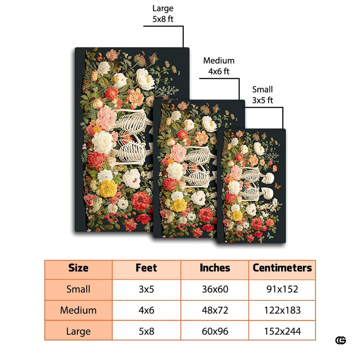 Size proportion guide showing small 3x5, medium 4x6, and large 5x8 area rug dimensions