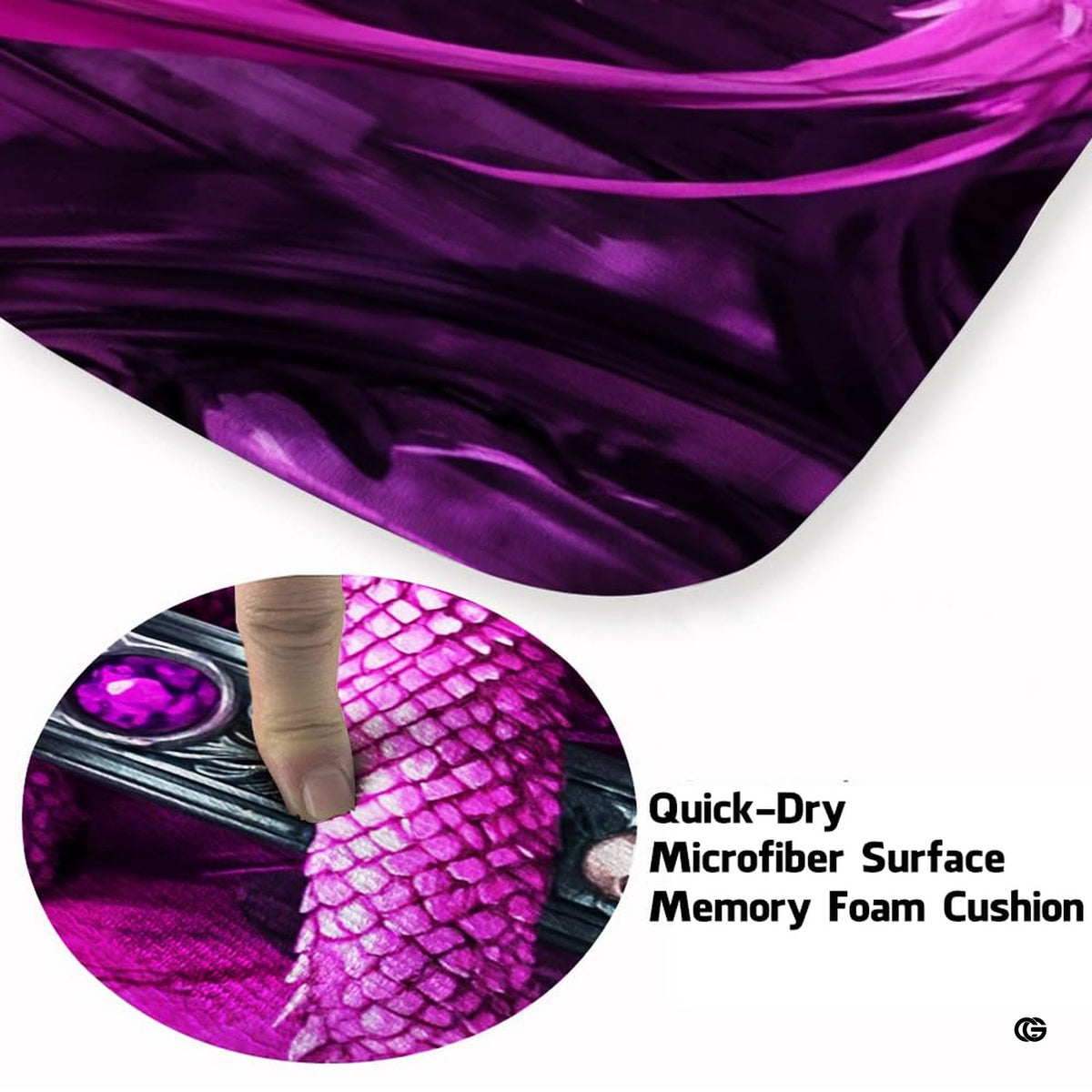 Close-up view of the soft microfiber surface, pink dragon scales, and jewel skull cross