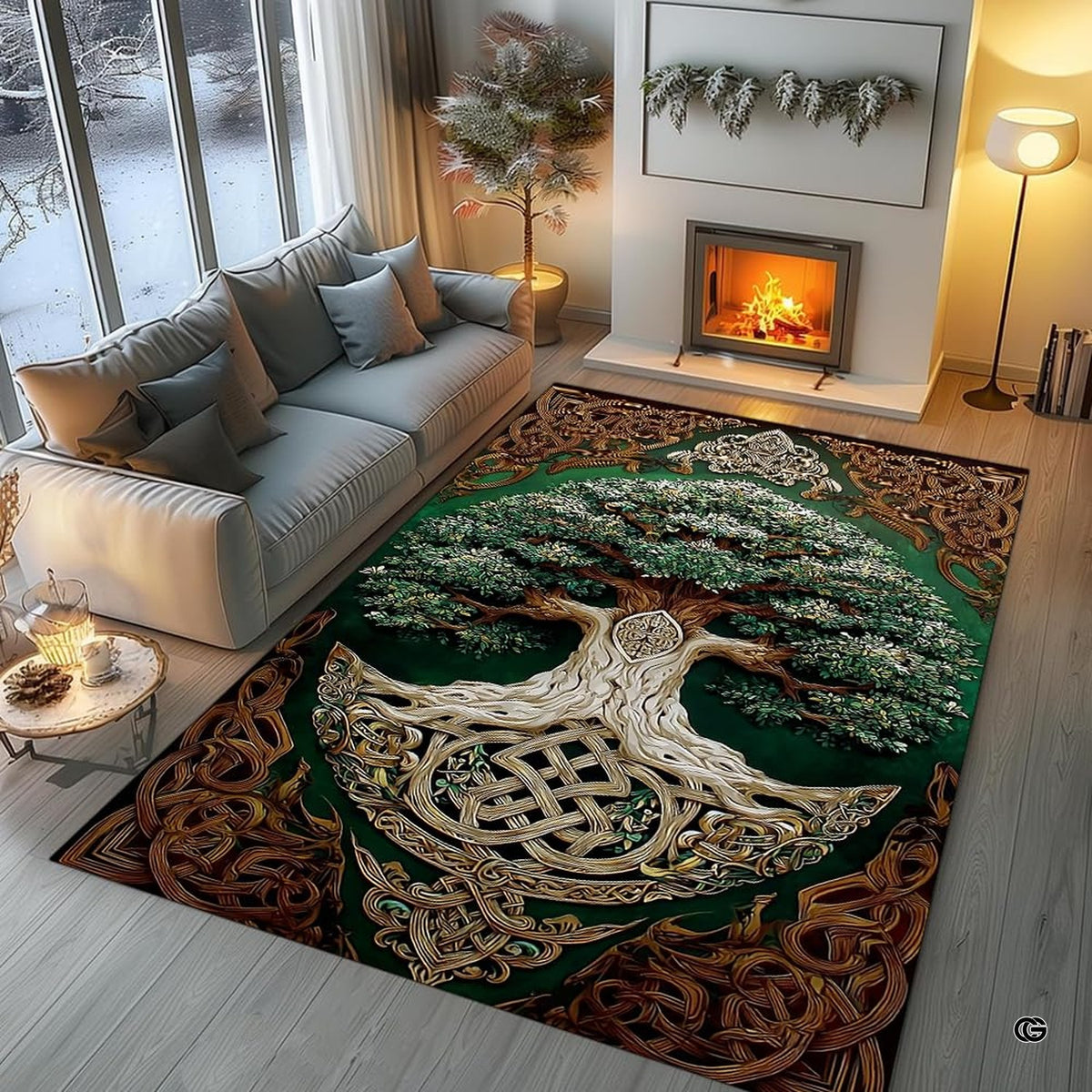 Overhead floor layout view of the Celtic sacred oak Tree of Life emerald area rug - image 7 of 8