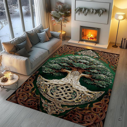 Overhead floor layout view of the Celtic sacred oak Tree of Life emerald area rug - thumbnail image 7 of 8