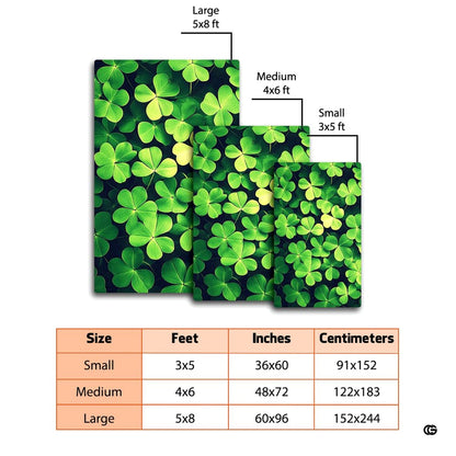 Dimensions and sizing chart for lush green shamrock clover pattern area rug - thumbnail image 2 of 8