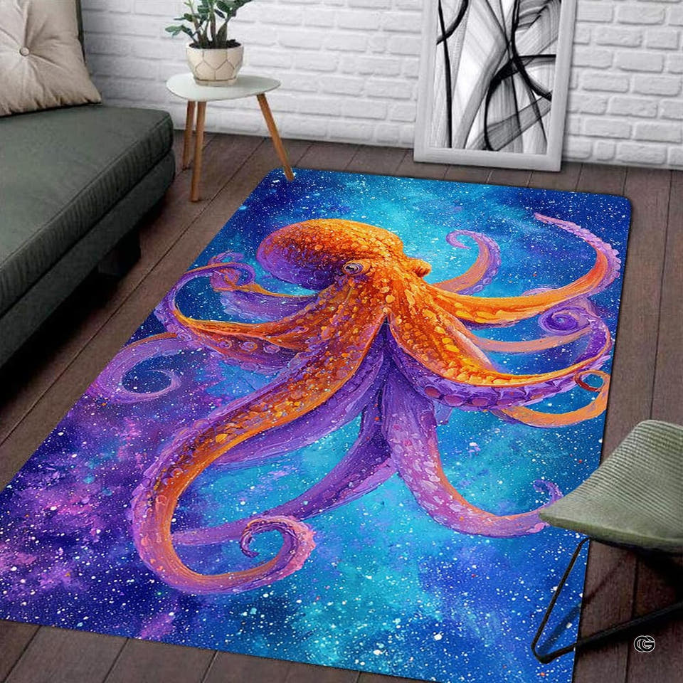 Vibrant giant octopus ocean theme rug in orange and coral over a royal blue cosmic galaxy backdrop