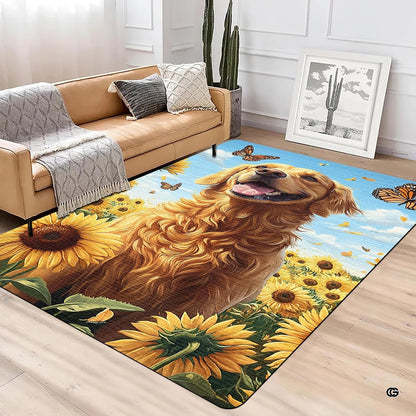 Modern lounge interior with leather couch and cactus featuring golden retriever sunflower rug - thumbnail image 3 of 5