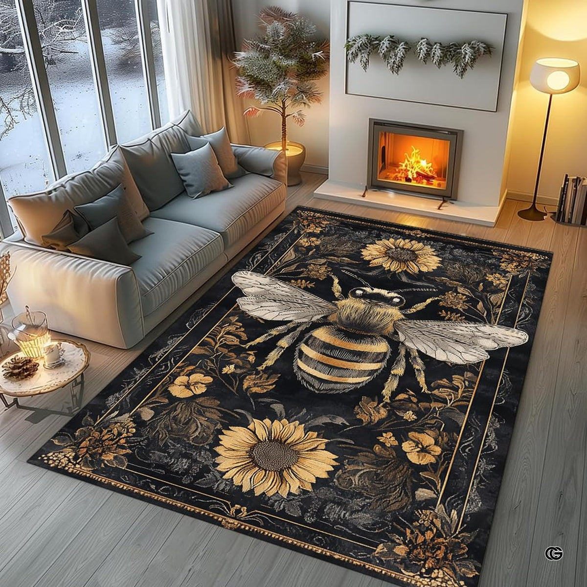 Cottagecore bedroom layout showing the golden sunflower bee rug near wooden furnishings - image 6 of 8