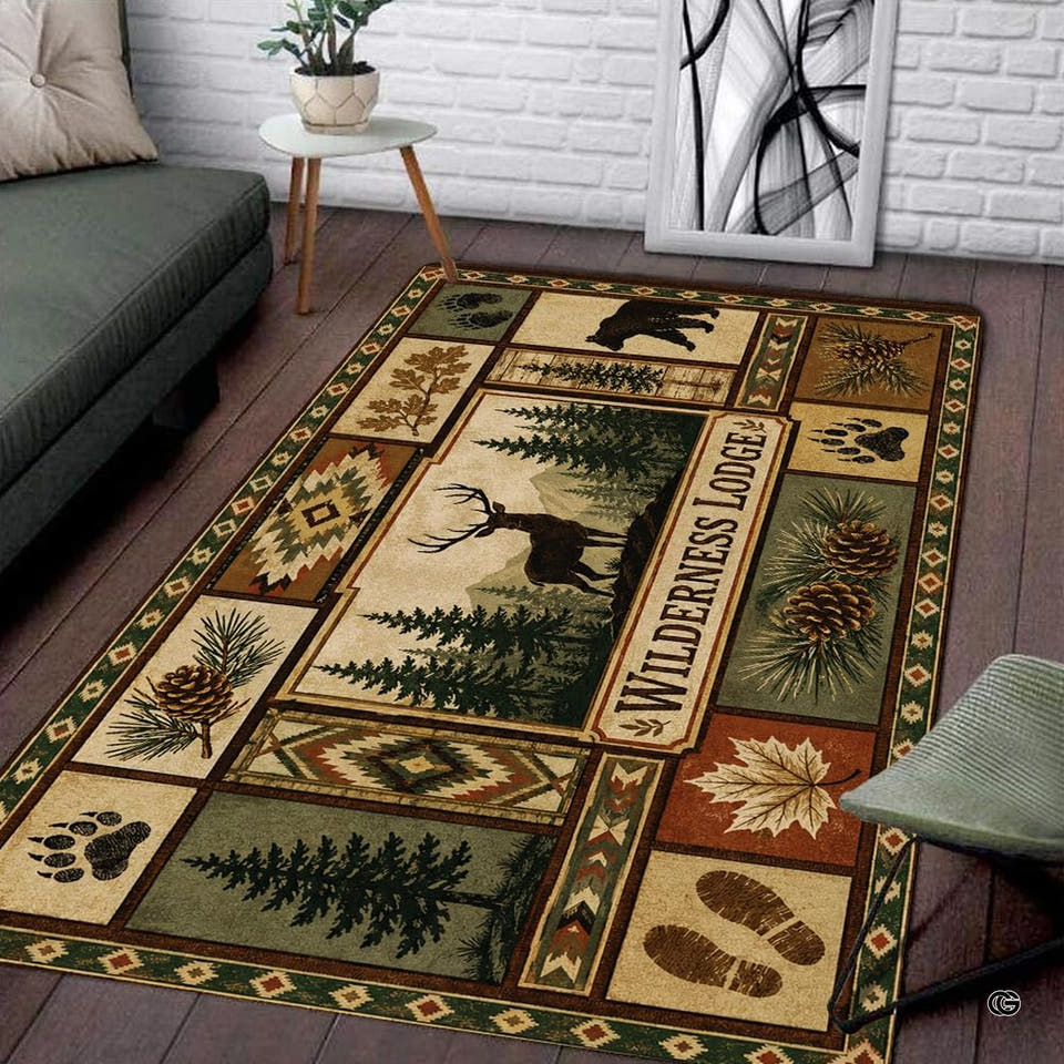 Rustic woodland-themed area rug on dark wood floor featuring forest animals and pine trees