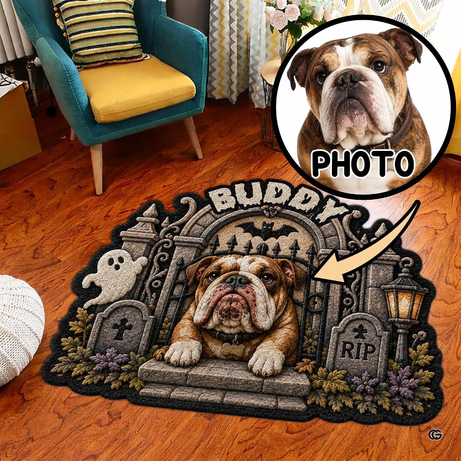 Custom Dog Photo Rug, Personalized Pet Portrait Area Mat Non Slip Indoor Door Rug for Dog Lovers, Welcome Home Decor Halloween (Spooky Graveyard Gate)