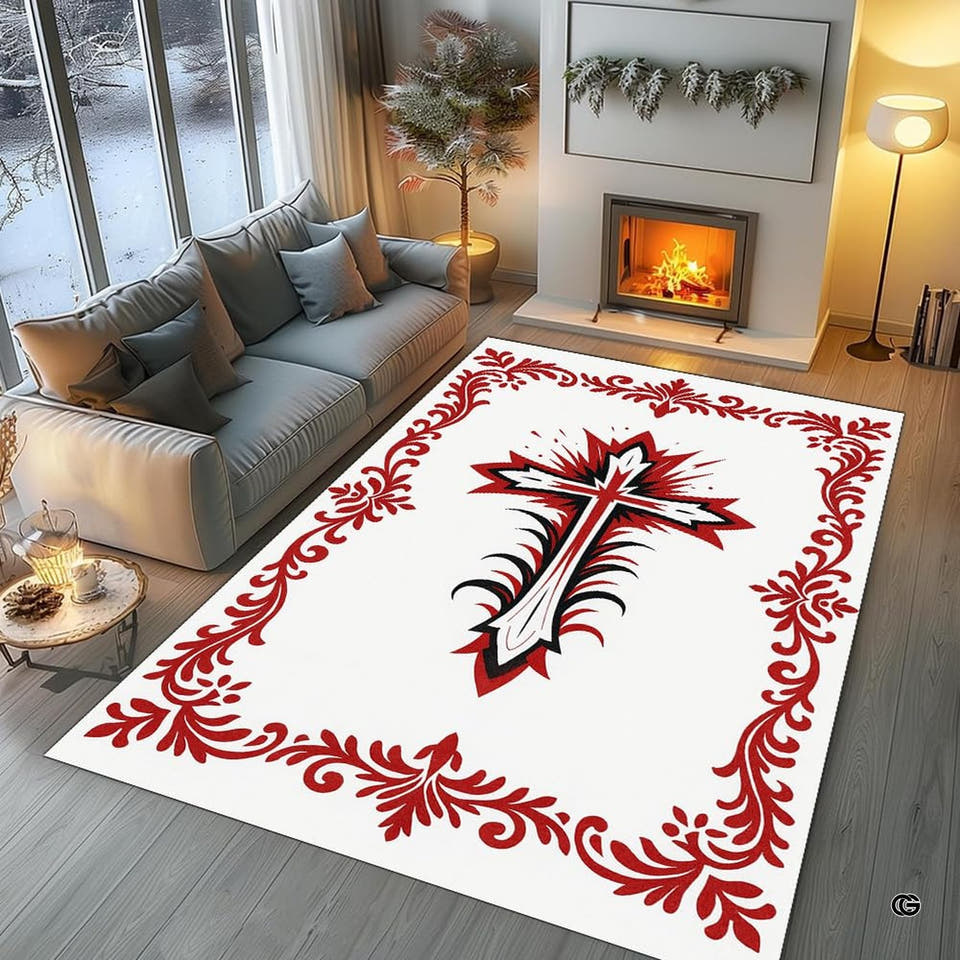 Custom Ornate Red Cross Floral Area Rug, Non-Skid, Church Decor