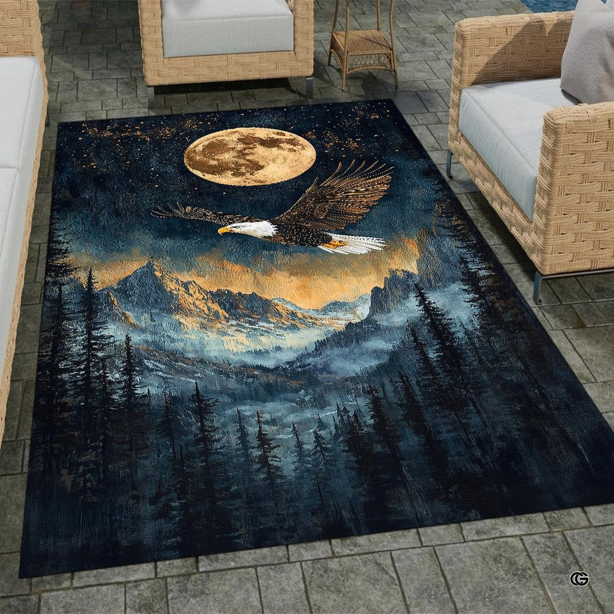 Full moon eagle area rug placed alongside living room couch and accent furniture. - image 7 of 7
