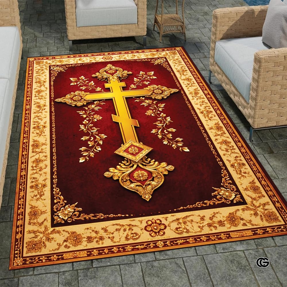 Personalized Orthodox Christian Area Rug, Custom Eastern Orthodox Russian Greek Byzantine Non-Slip Rug for Women Men, IC XC Nika Cross Mat for Living Room, Bedroom, Church Decor (D10)