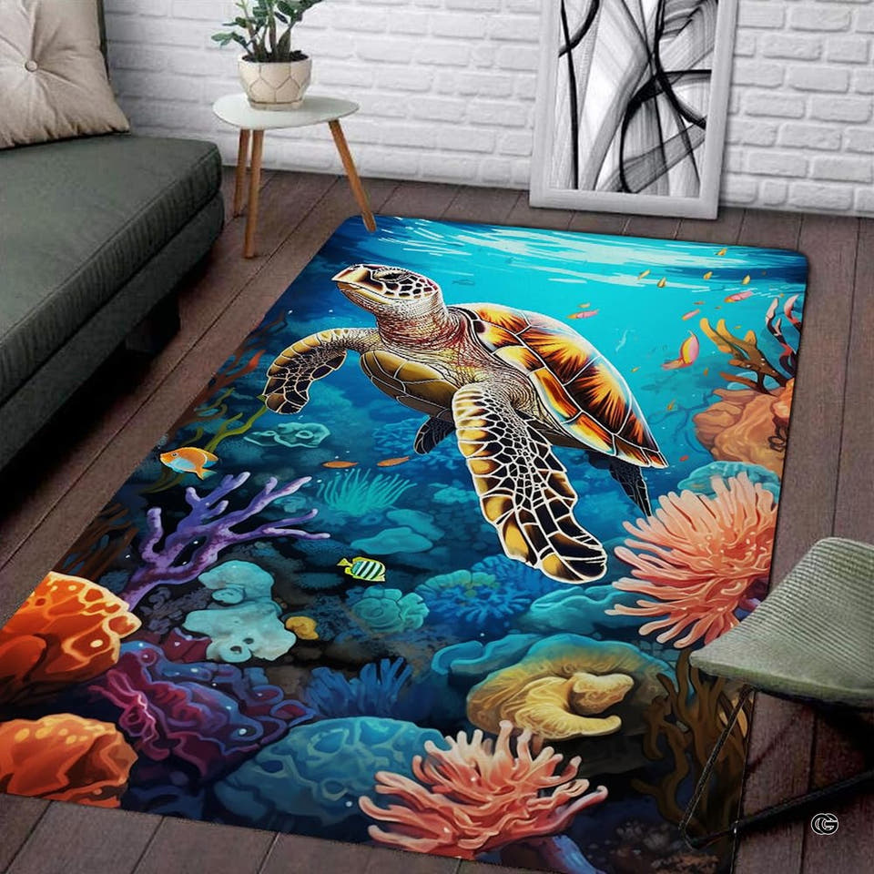 Living room seating setup featuring the sunlit coral reef sea turtle ocean coastal area rug