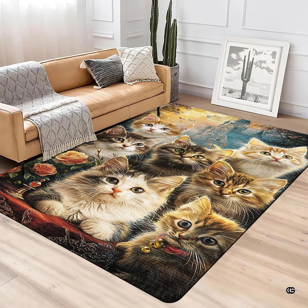 Close-up detail illustrating the fluffy cat fur textures, blooming roses, and microfiber pile