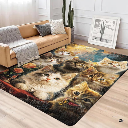 Close-up detail illustrating the fluffy cat fur textures, blooming roses, and microfiber pile - thumbnail image 3 of 5