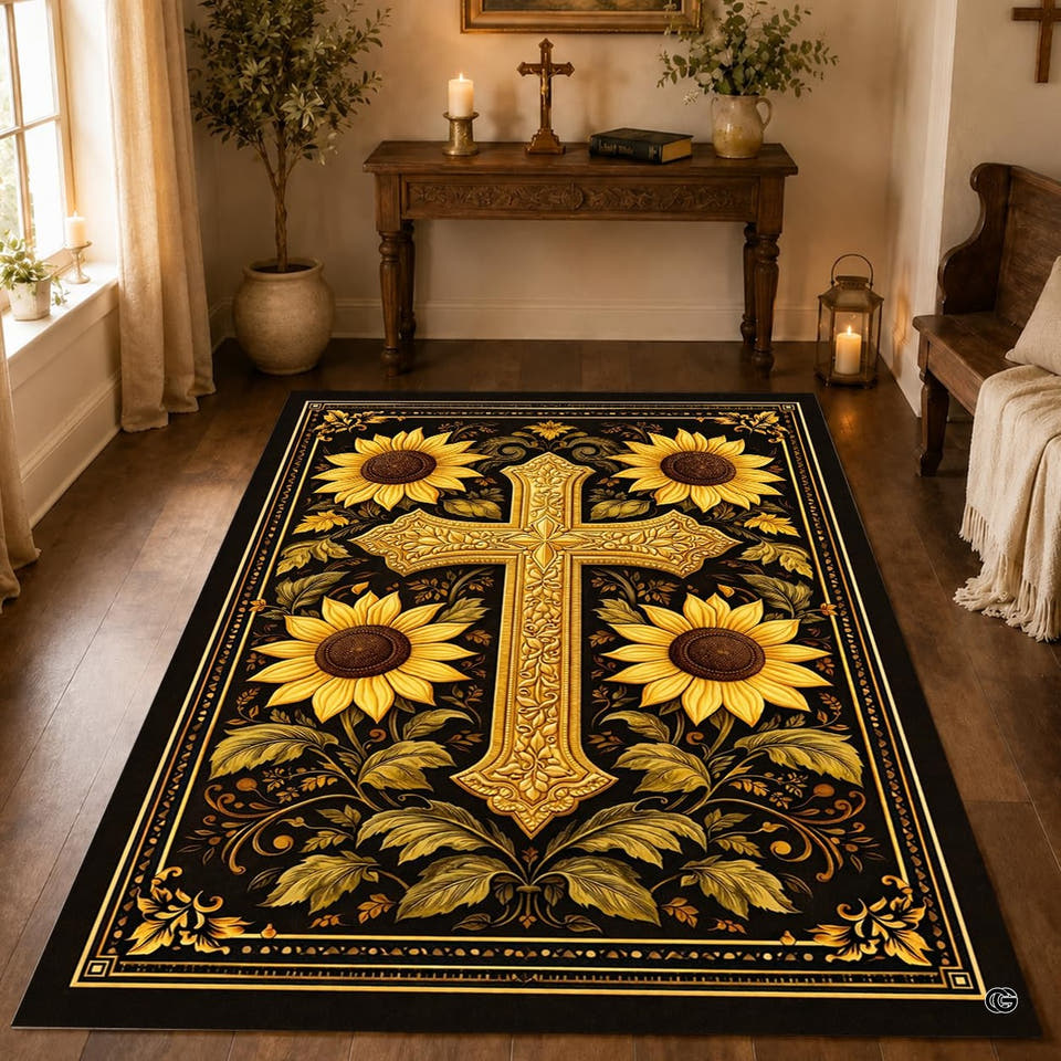 Area rug with ornate golden cross and sunflowers on wood floor