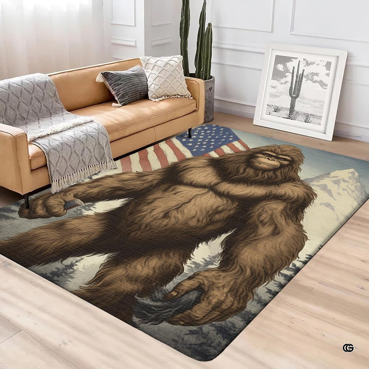 Bold Bigfoot illustration on rug centered amidst snow-capped peaks and evergreen woods. - image 2 of 5