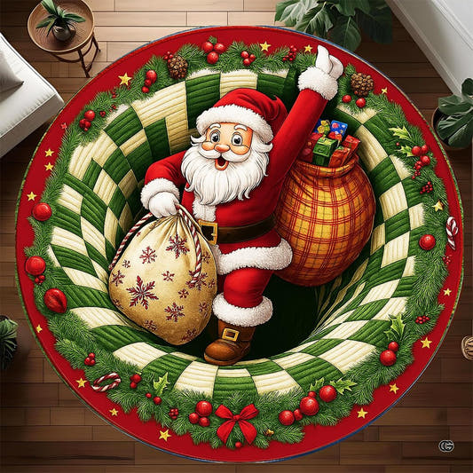 Round Santa rug with two gift sacks, green patchwork ring and festive evergreen border