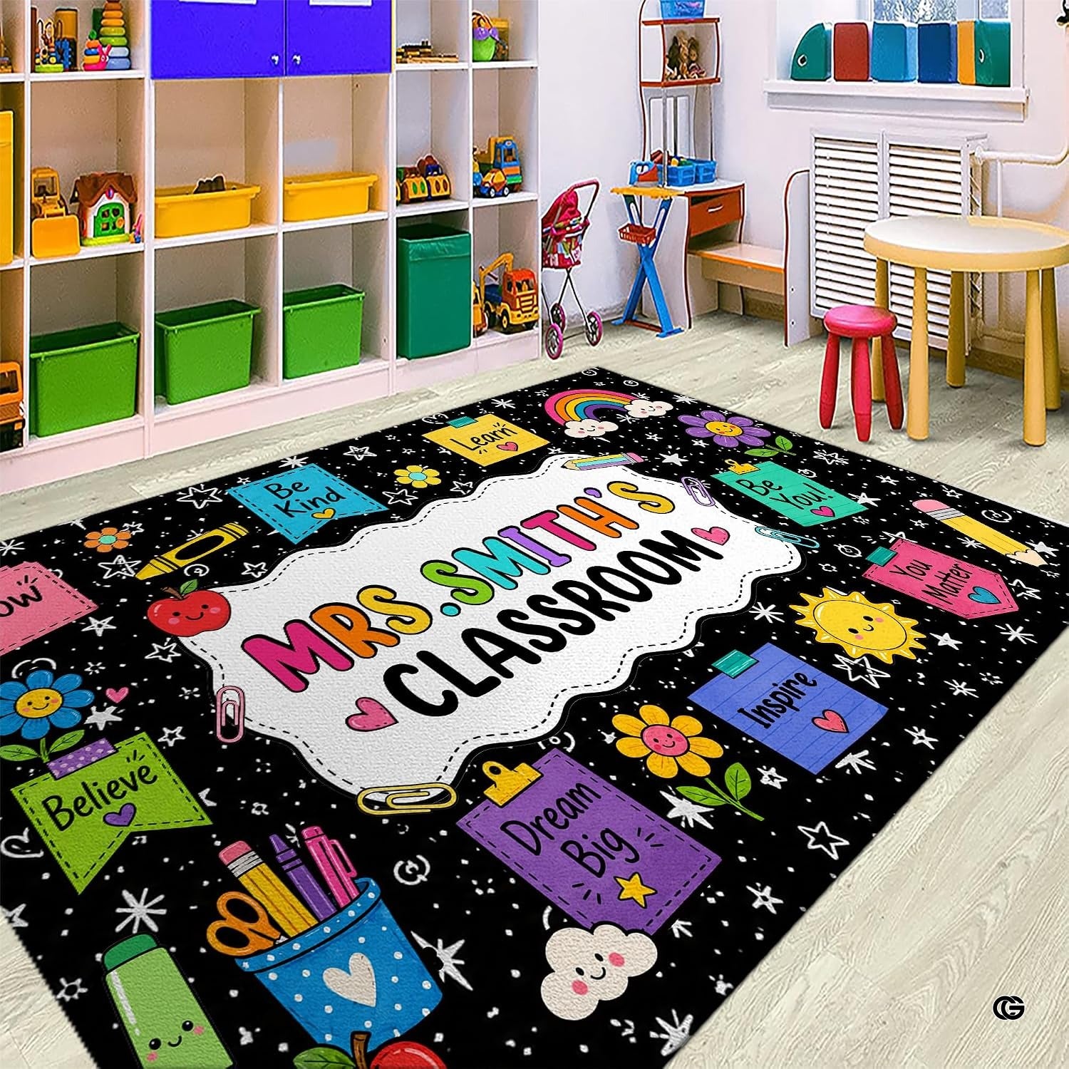 Personalized Teacher Classroom Rug, Custom Back to School Welcome Mat with Name, Kindergarten Preschool Elementary Decor, Composition Notebook Carpet (A04)