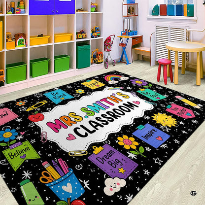 Personalized Teacher Classroom Rug, Custom Back to School Welcome Mat with Name, Kindergarten Preschool Elementary Decor, Composition Notebook Carpet (A04)