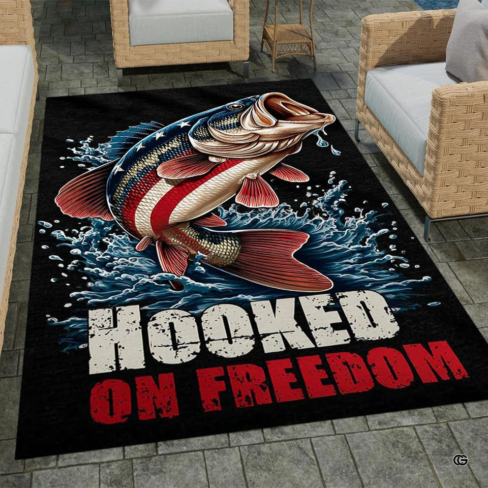 Patriotic bass liberty splash graphic area rug on outdoor patio pavers