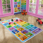 Angled perspective of vibrant multi-colored calendar area rug anchoring a sunny nursery reading nook. - thumbnail image 4 of 7