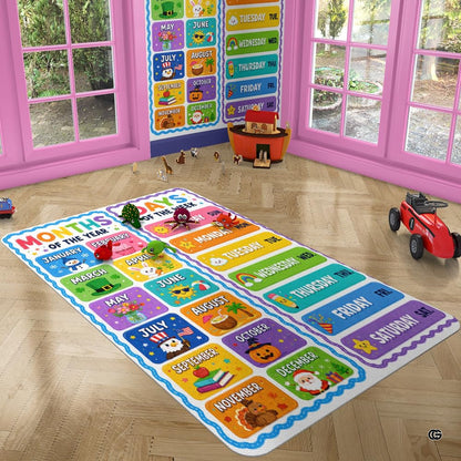 Angled perspective of vibrant multi-colored calendar area rug anchoring a sunny nursery reading nook. - thumbnail image 4 of 7