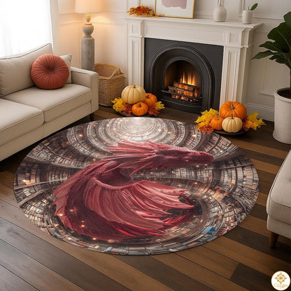 Custom Dragon Round Rug with 3D Illusion and Library Pattern