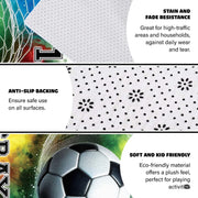 Soccer bedroom area rug displayed flat showing collegiate typography and goal graphic - thumbnail image 4 of 8