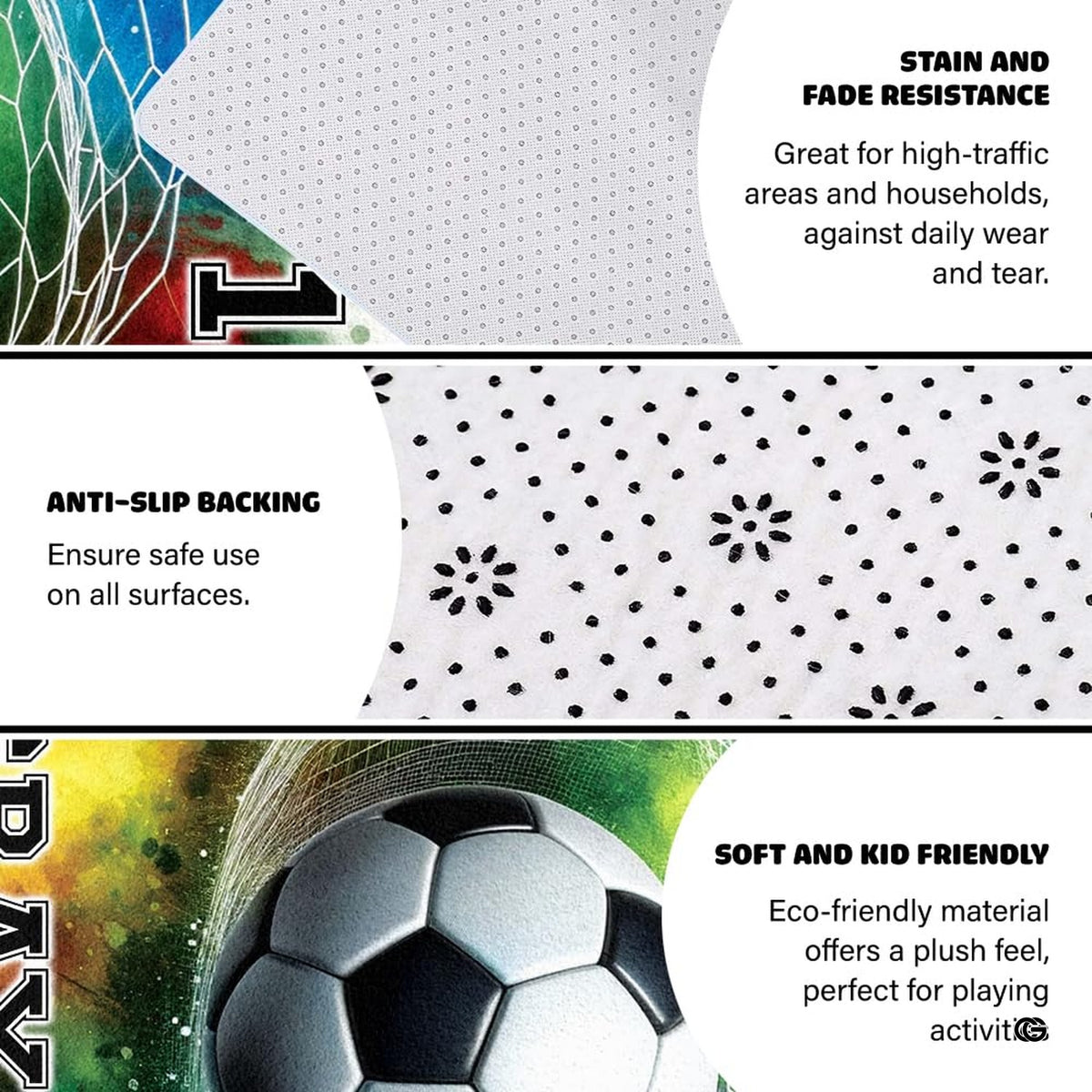 Soccer bedroom area rug displayed flat showing collegiate typography and goal graphic - image 4 of 8