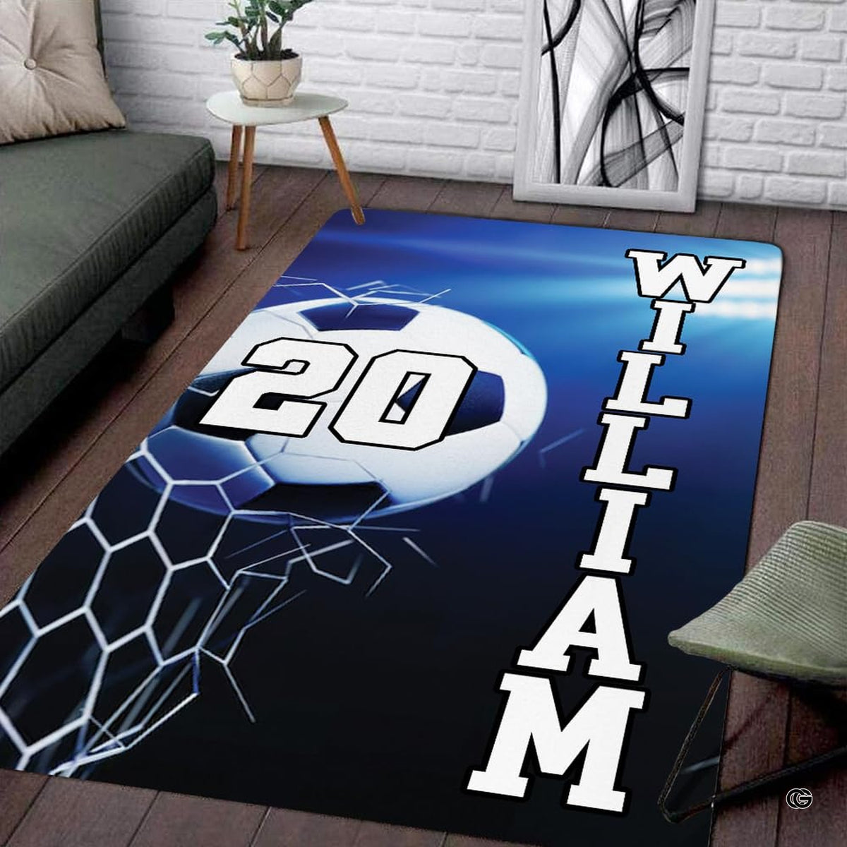 Modern living room floor setting featuring a dynamic soccer ball goal net sports area rug