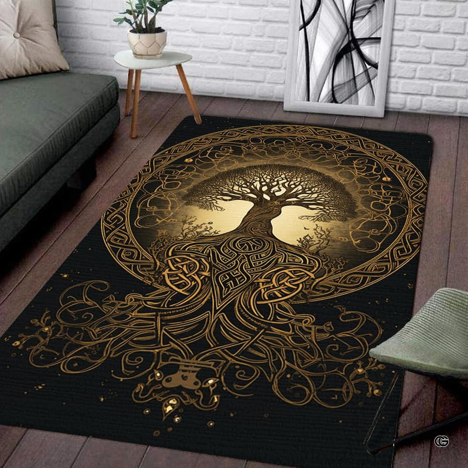 Celtic Tree of Life Area Rug featuring golden Yggdrasil knotwork on a textured black base.