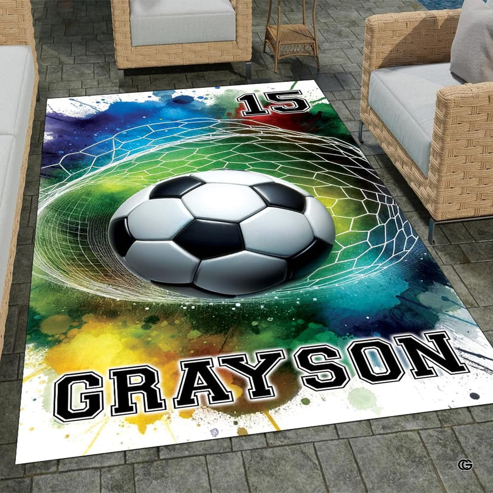 Kids Soccer Bedroom Area Rug with Watercolor Goal Net Art