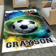 Kids soccer bedroom area rug with soccer ball in net and watercolor splashes - thumbnail image 1 of 8