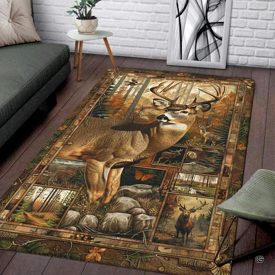 Rustic wildlife area rug showing resting whitetail buck and woodland scenes in warm brown and green tones.