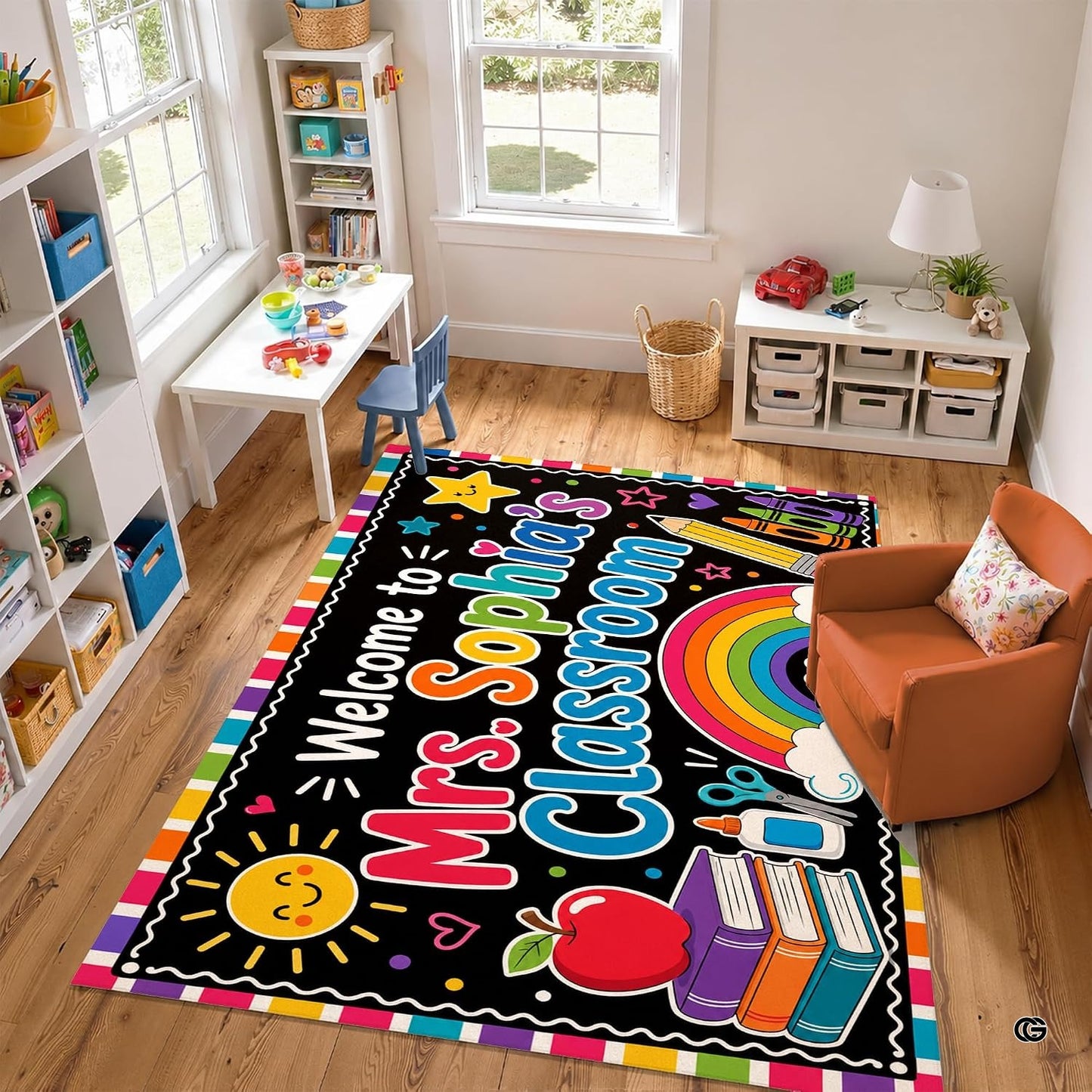 Personalized Teacher Classroom Rug, Custom Back to School Welcome Mat with Name, Kindergarten Preschool Elementary Decor, Composition Notebook Carpet (A09)