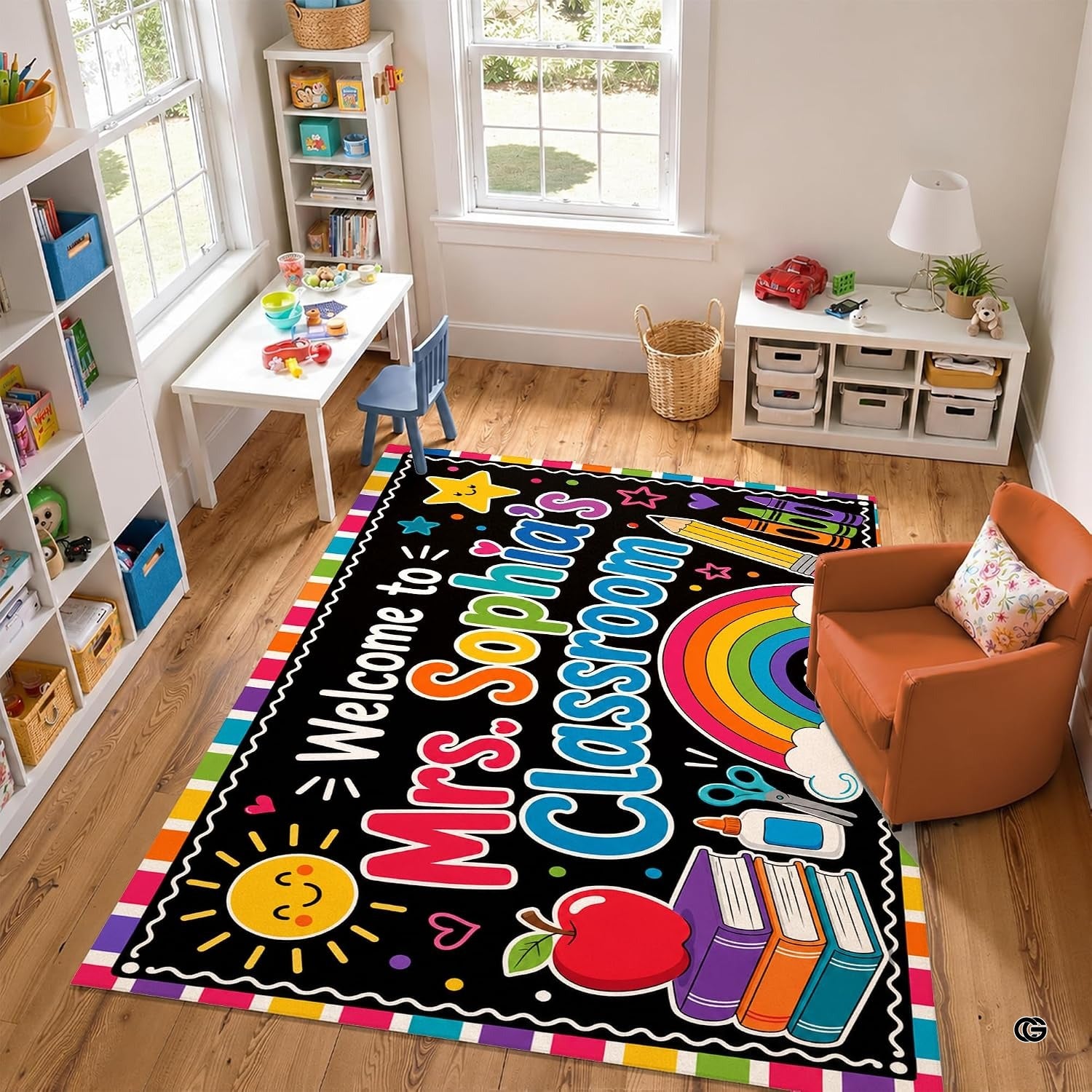Personalized Teacher Classroom Rug, Custom Back to School Welcome Mat with Name, Kindergarten Preschool Elementary Decor, Composition Notebook Carpet (A09)