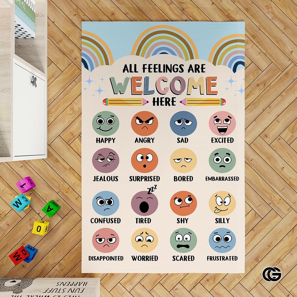 Custom Feelings Chart Welcome Mat for Classroom and Nursery - Feelings Chart / 3' x 5' (Rectangular)