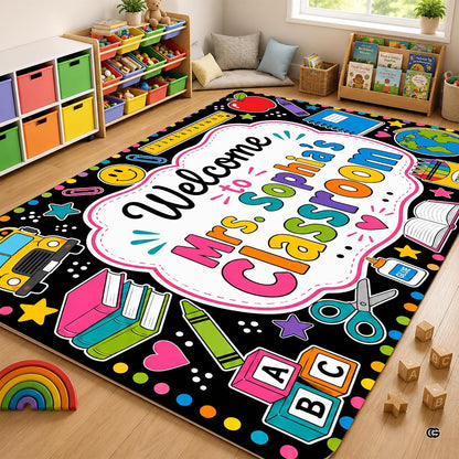 Personalized Teacher Classroom Rug, Custom Back to School Welcome Mat with Name, Kindergarten Preschool Elementary Decor, Composition Notebook Carpet (A07)