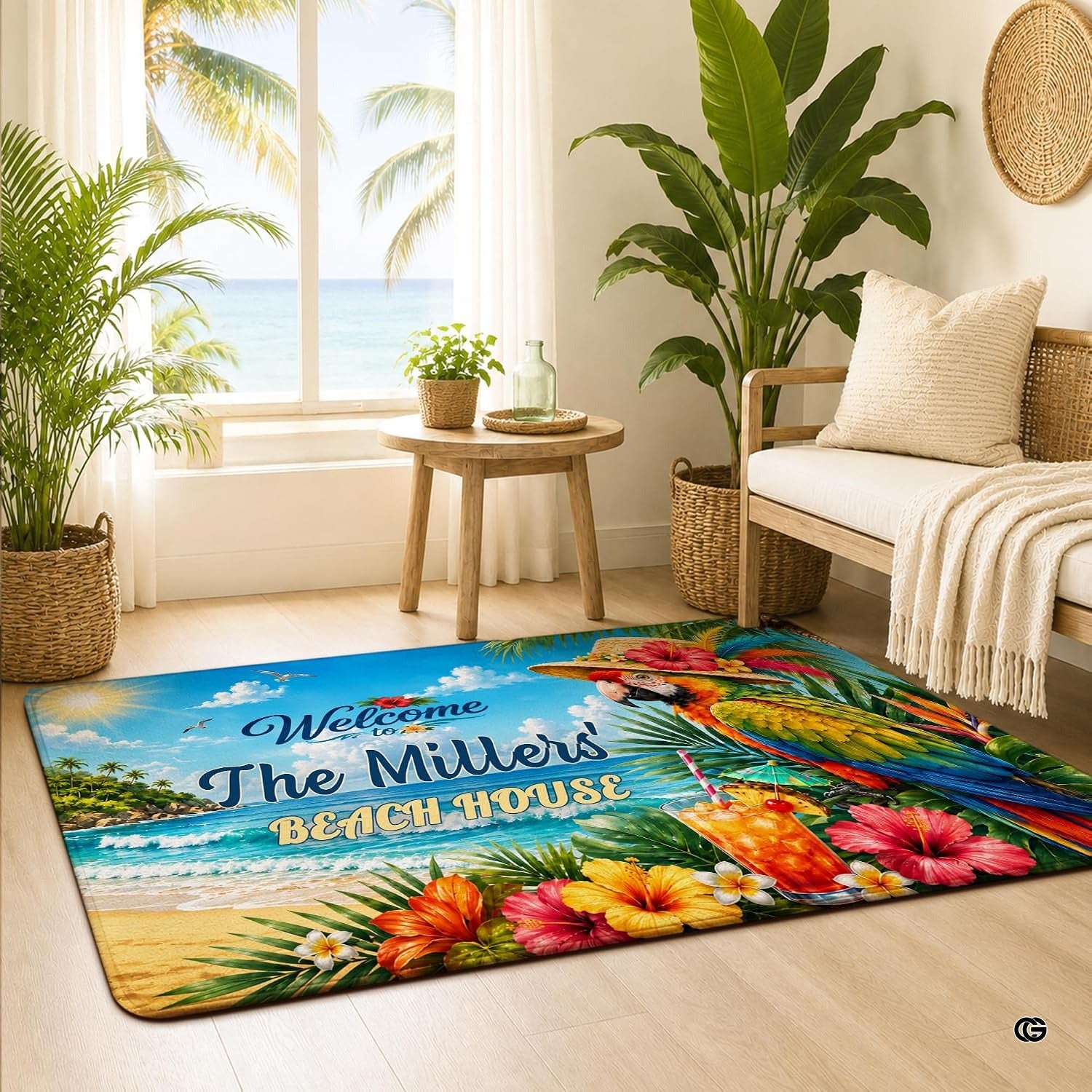 Personalized Tropical Beach Rug, Custom Family Name Tropical Outdoor Rug, Flamingo Surfboard Ocean Area Rug for Living Room, Patio, Beach House Decor, Design 04