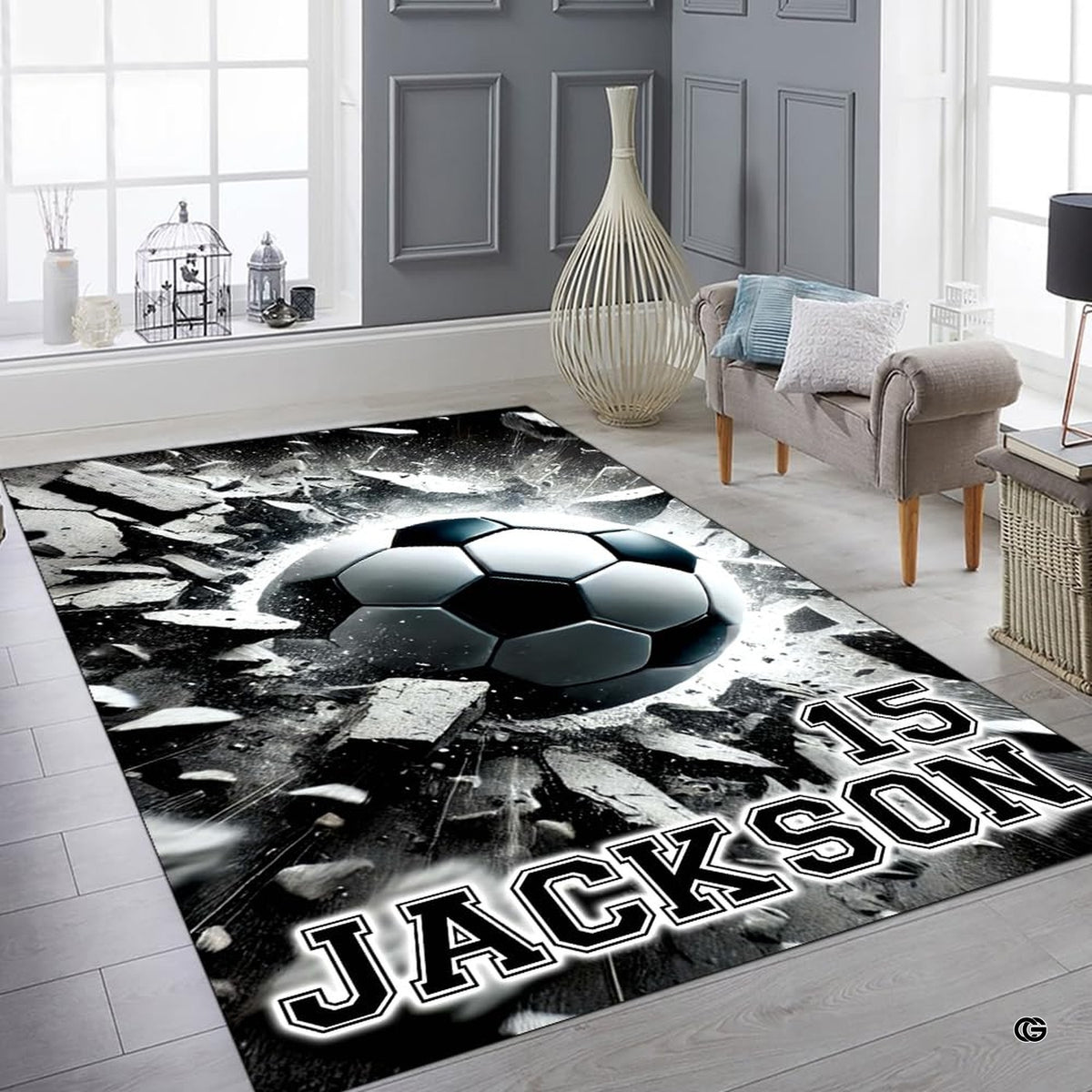 Soccer smash sports floor carpet displayed in cozy living room interior - image 6 of 8