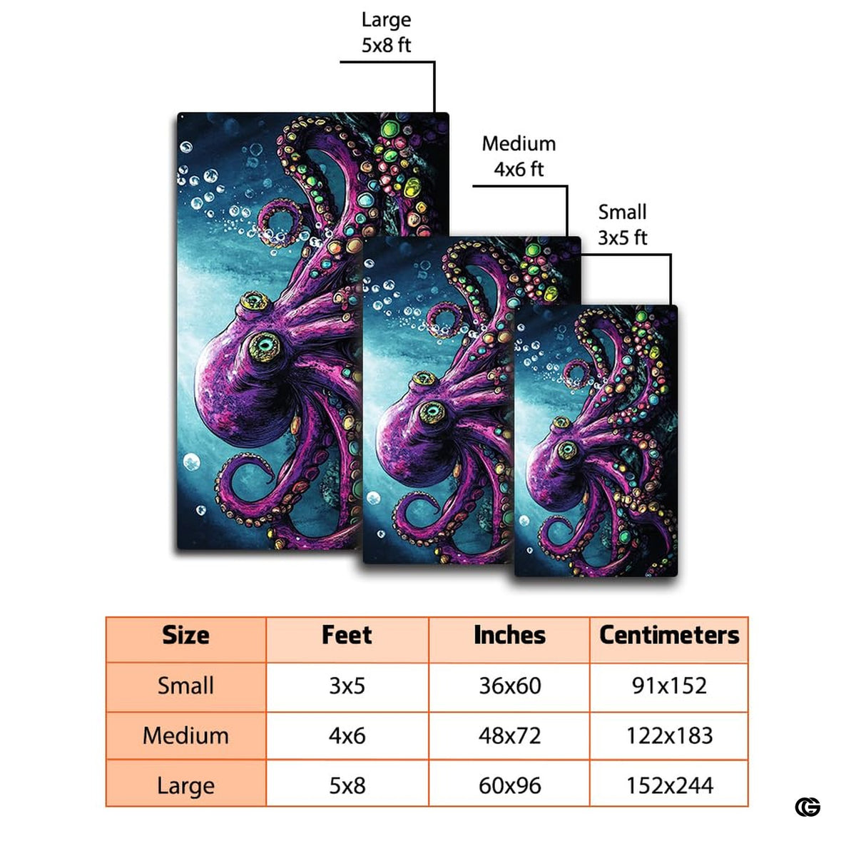 Purple octopus marine floor carpet displayed in cozy living room interior