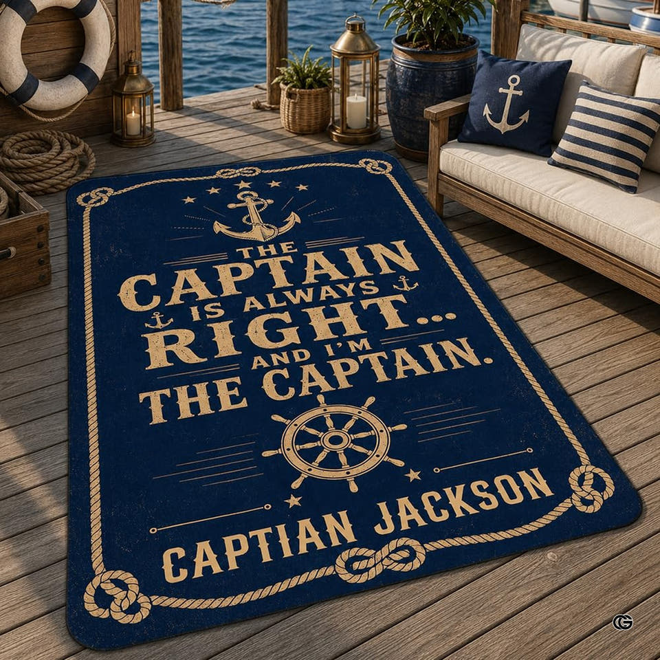 Navy captain rug with gold anchor, ship wheel and rope border