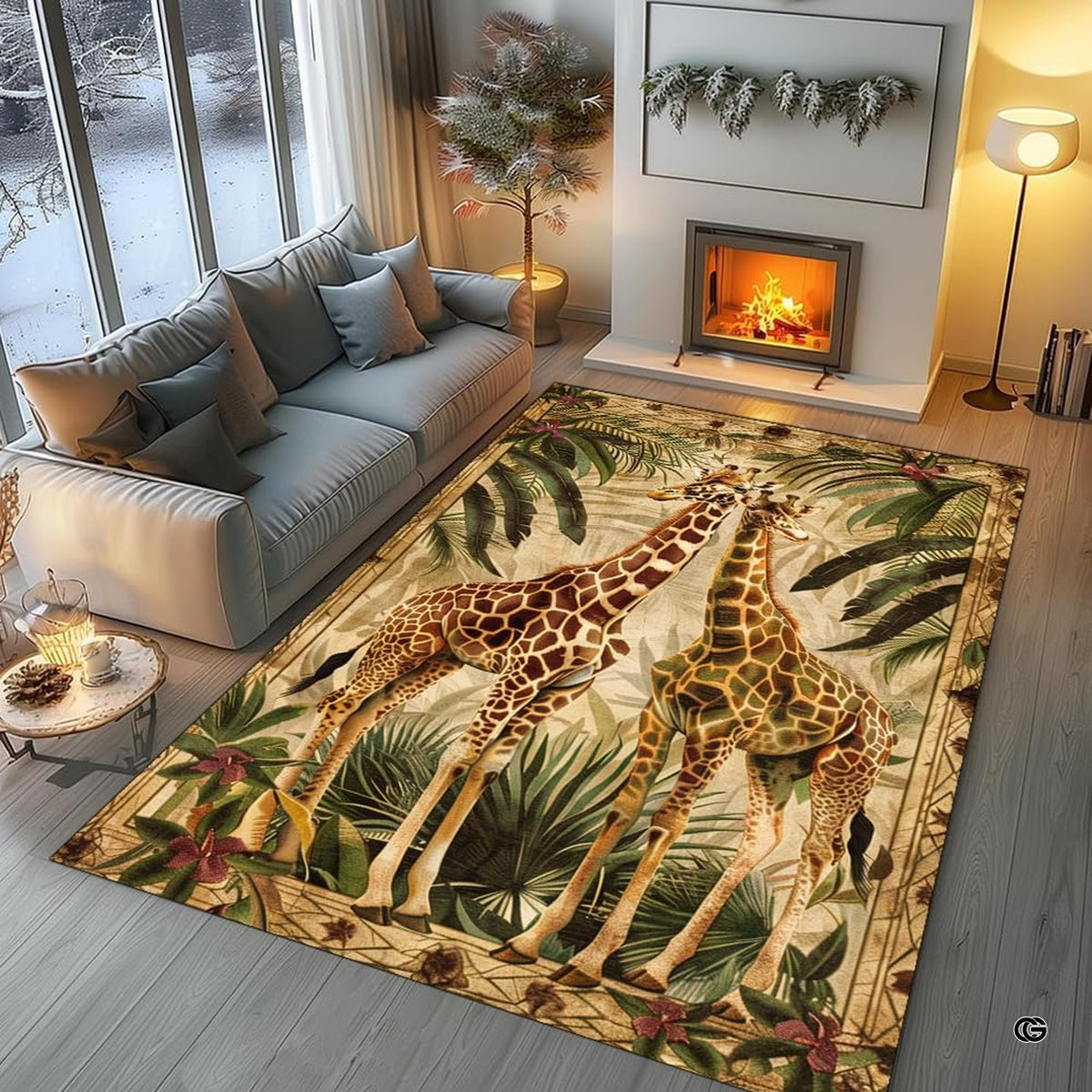 Cozy living room fireplace setting with the vintage giraffe area rug - image 6 of 7