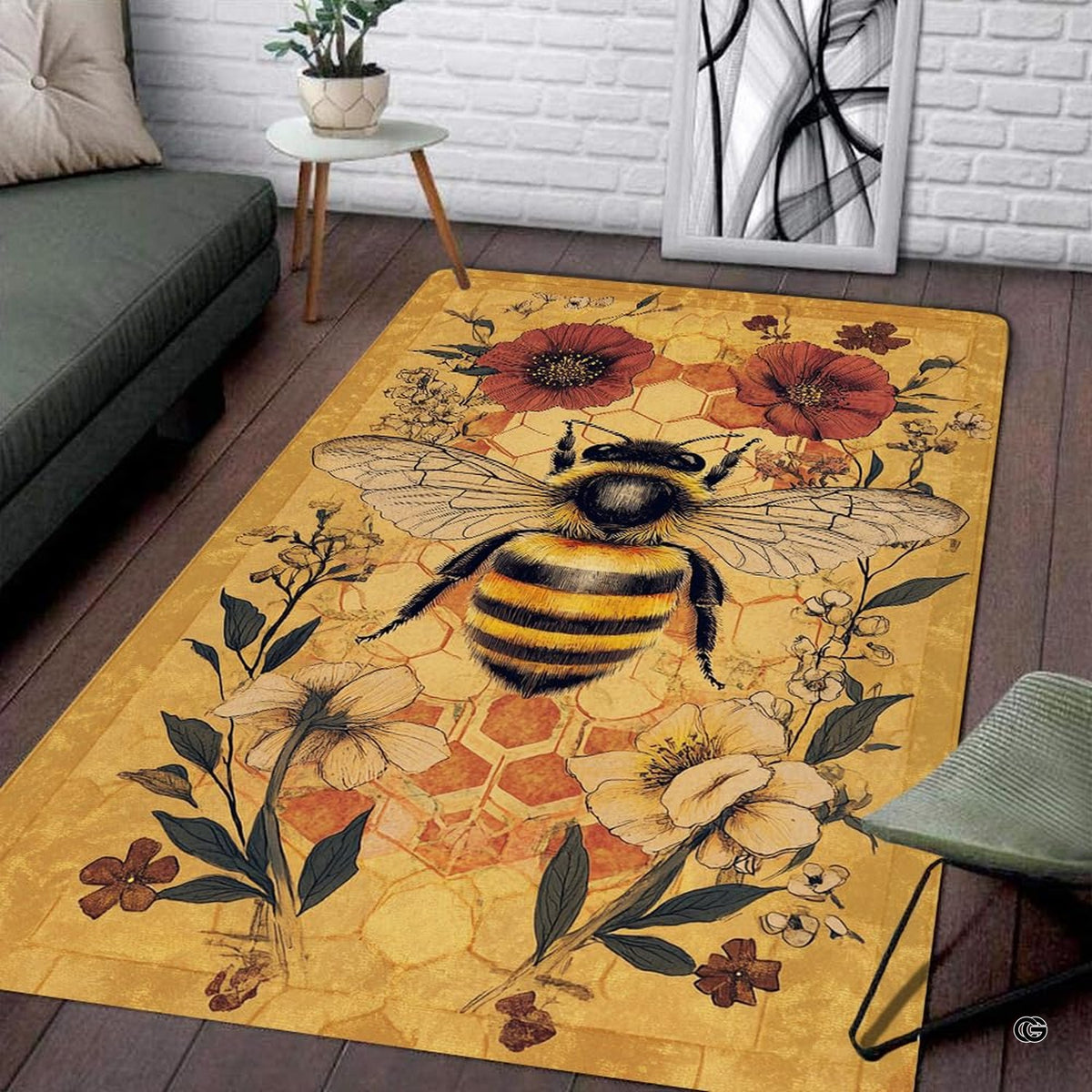 Detailed botanical artwork of rust red poppy petals and wildflower foliage on the honey bee area floor rug.