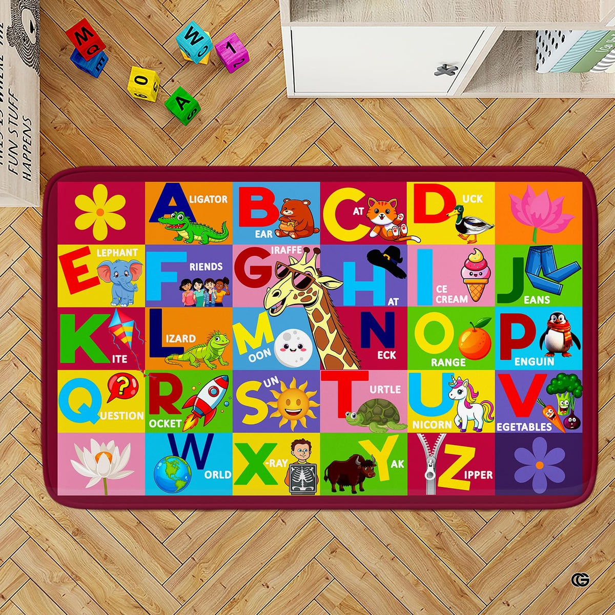 Alphabet preschool rug displaying multi-colored educational letter squares with whimsical cartoon artwork. - image 1 of 9