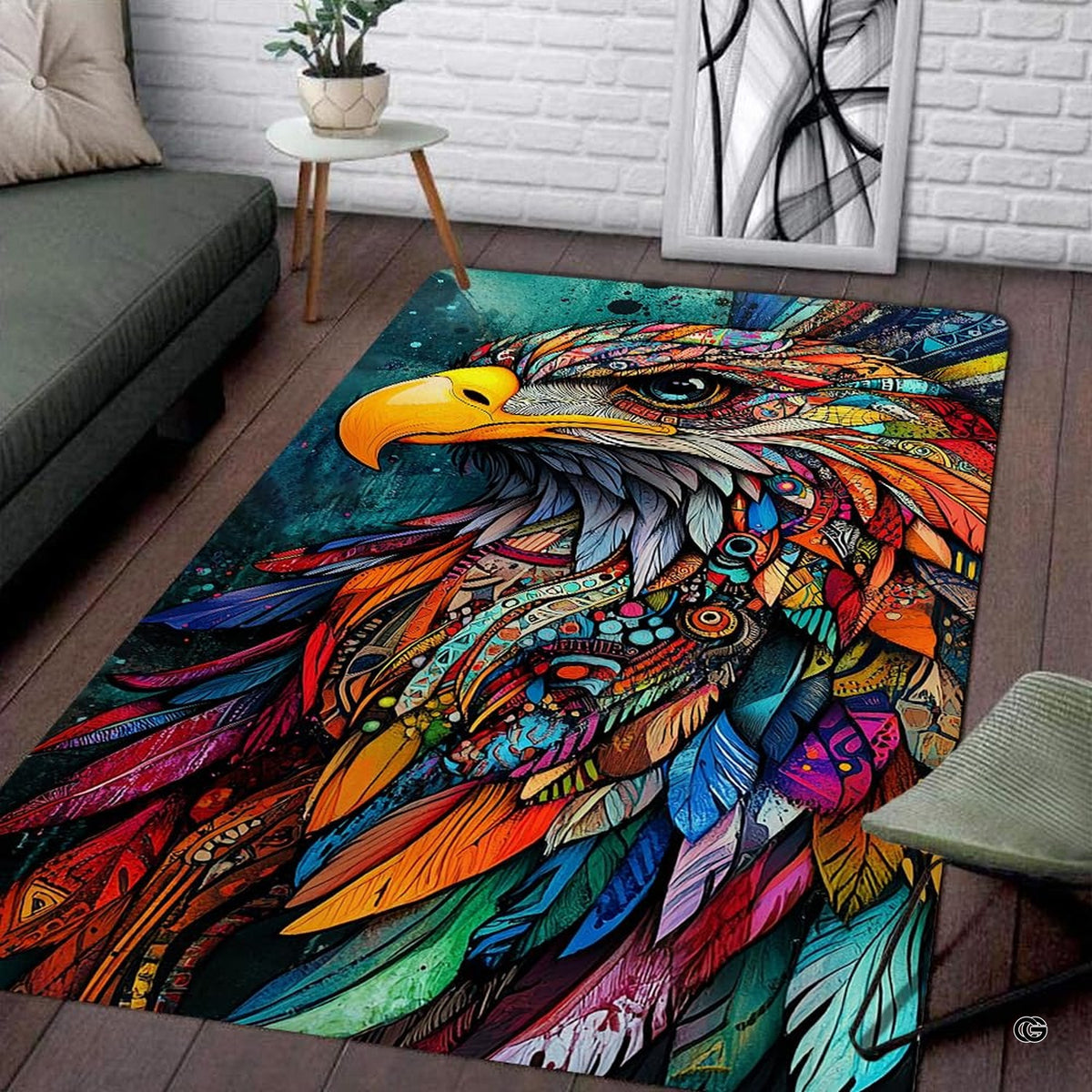 Boho mandala eagle portrait illustration rectangular area rug. - image 1 of 7