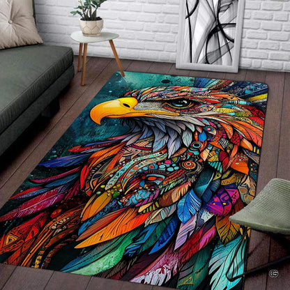 Boho mandala eagle portrait illustration rectangular area rug. - thumbnail image 1 of 7