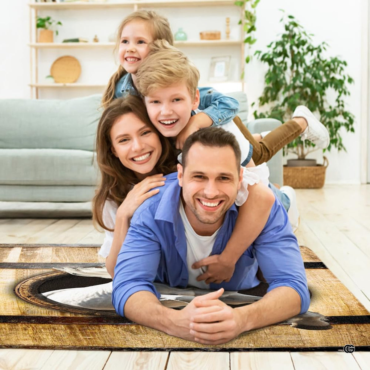 Lifestyle scene featuring family lounging on 3d white horse area rug.