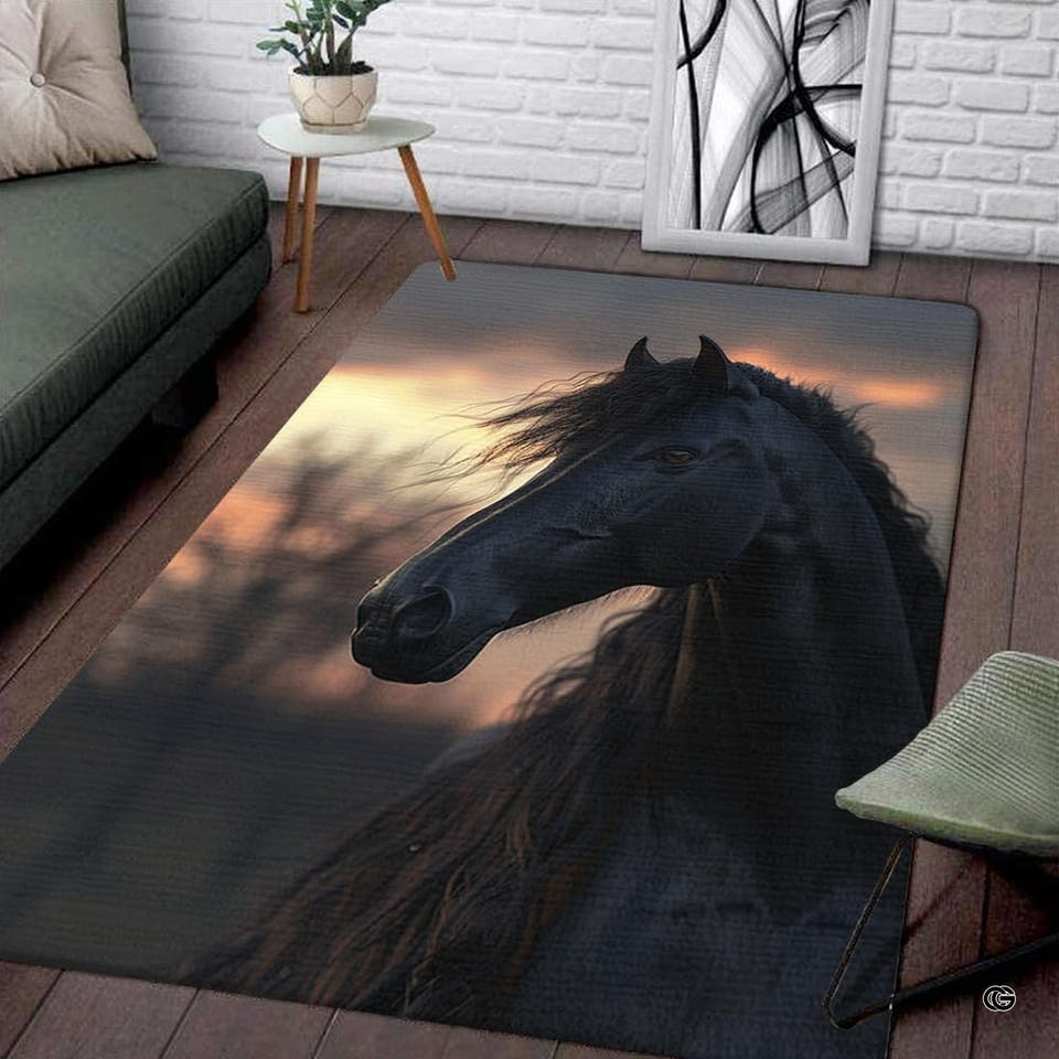 Black Friesian stallion sunset portrait illustration rectangular area rug.