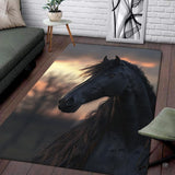 Black Friesian stallion sunset portrait illustration rectangular area rug.