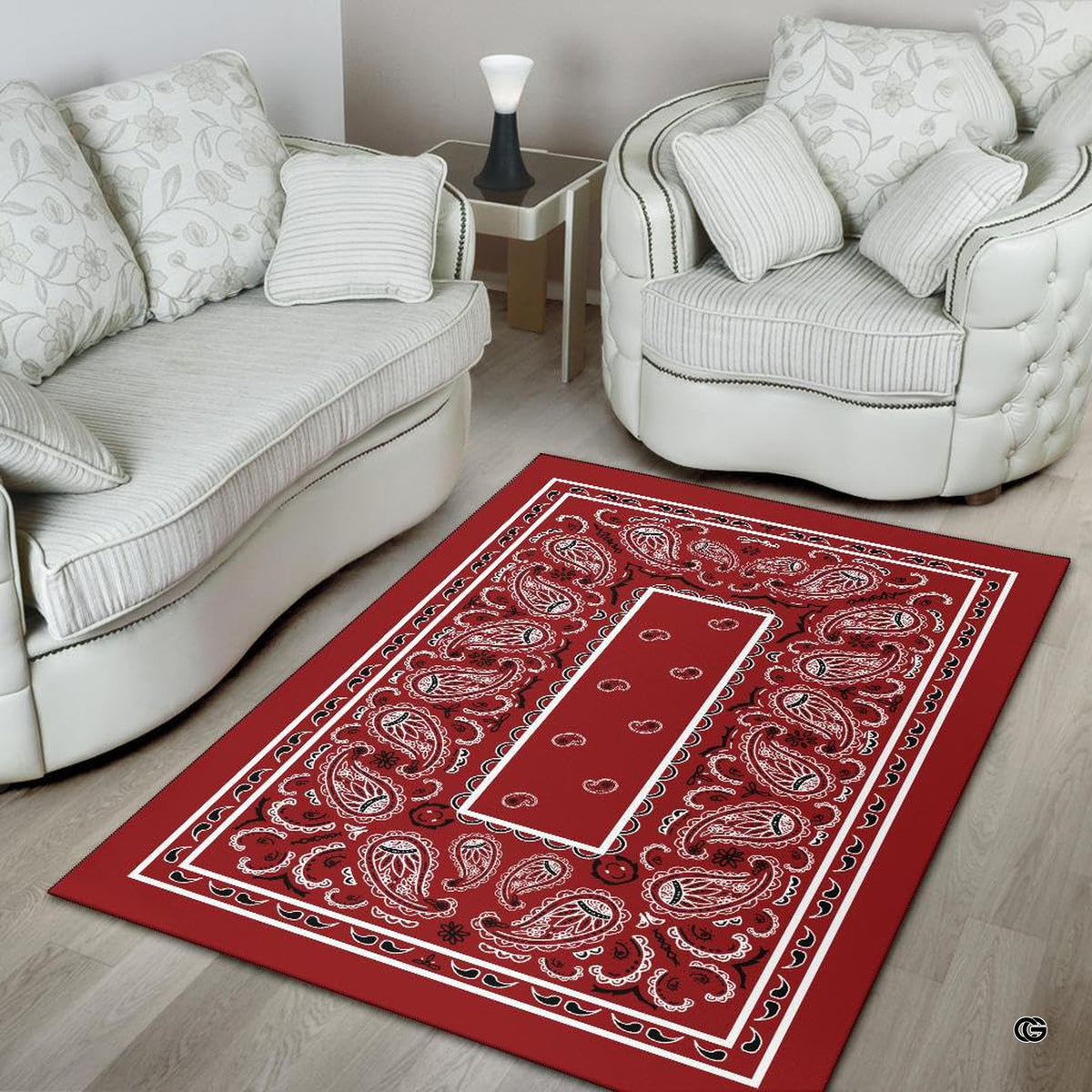 Overhead layout of red Western bandana area rug with symmetrical paisley designs. - image 4 of 9