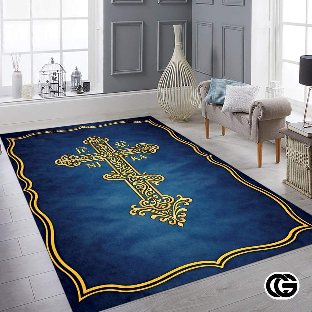 Personalized Orthodox Cross Rug with Byzantine Eagle and Non-Slip Backing